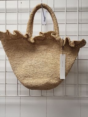 NWT, LOEFFLER Woven Ruffle-Trim Tote Bag